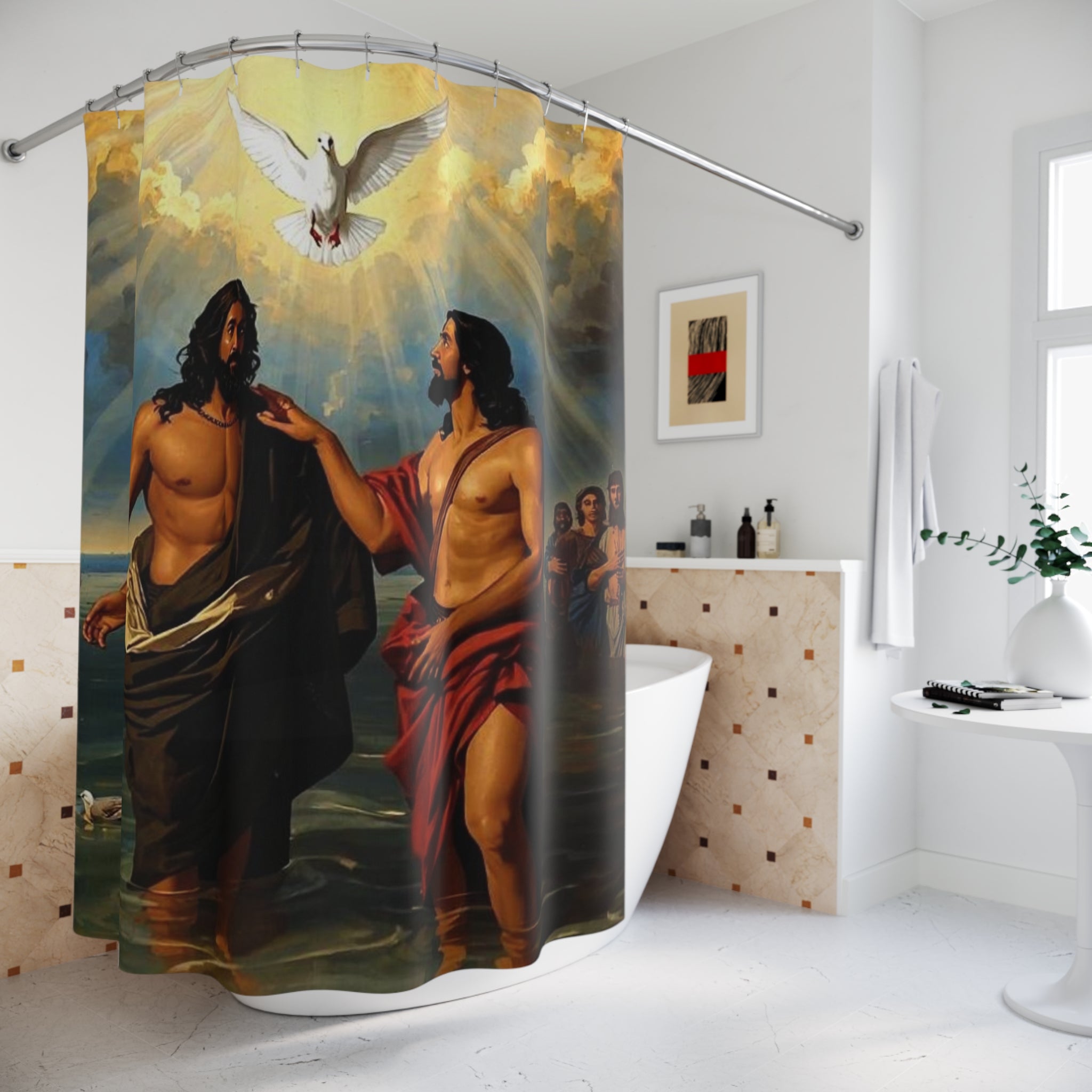 Baptism of Jesus Shower Curtain — Christian Dove & Holy Spirit Bathroom Decor