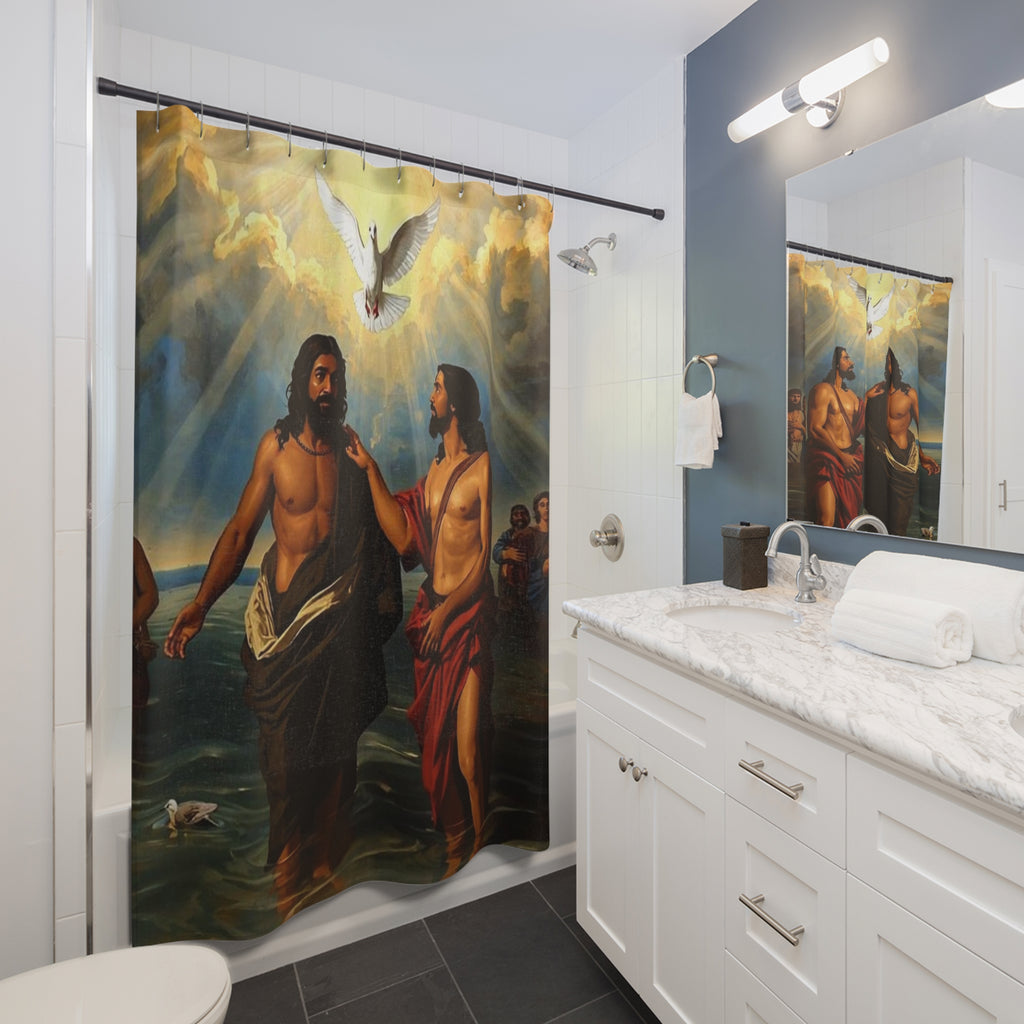 Baptism of Jesus Shower Curtain — Christian Dove & Holy Spirit Bathroom Decor