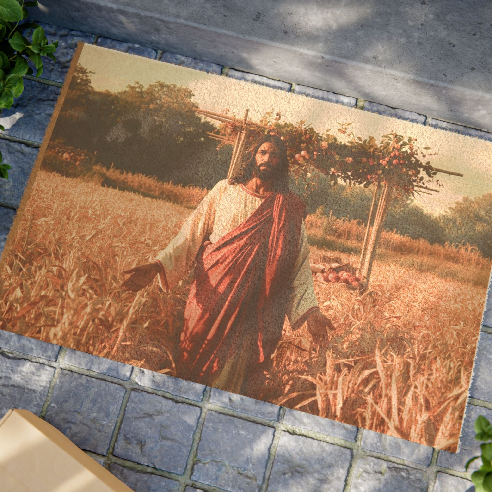 Jesus in Wheat Field Doormat — Rustic Christian Welcome Mat