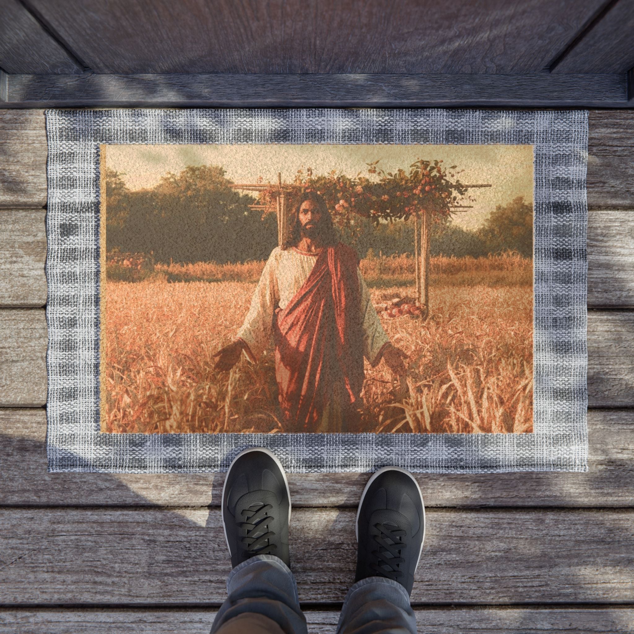 Jesus in Wheat Field Doormat — Rustic Christian Welcome Mat